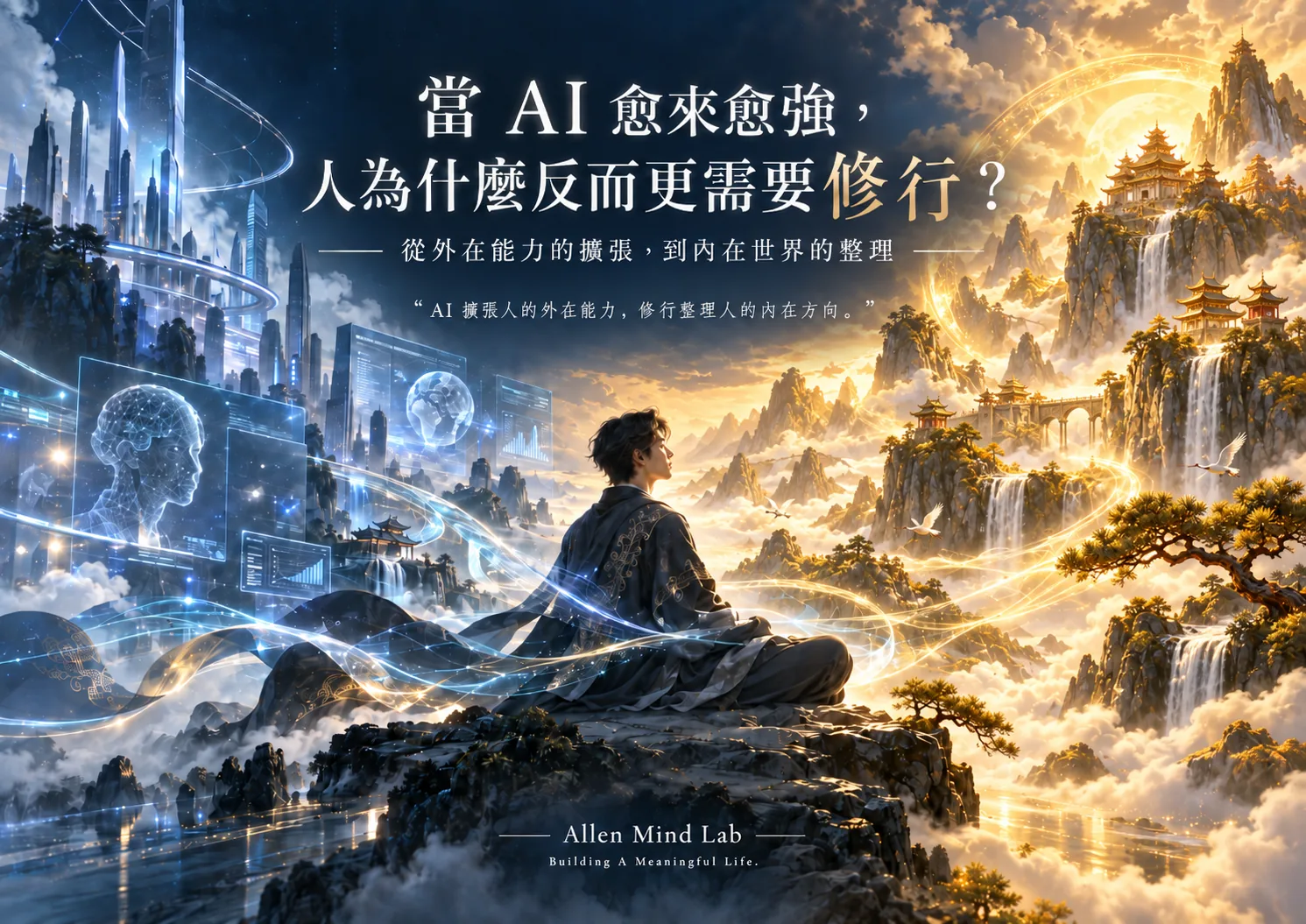 AI 與修行之間：左側是藍色未來科技世界，右側是金黃土色的崑崙山修行意象，中央人物靜坐連結兩者。