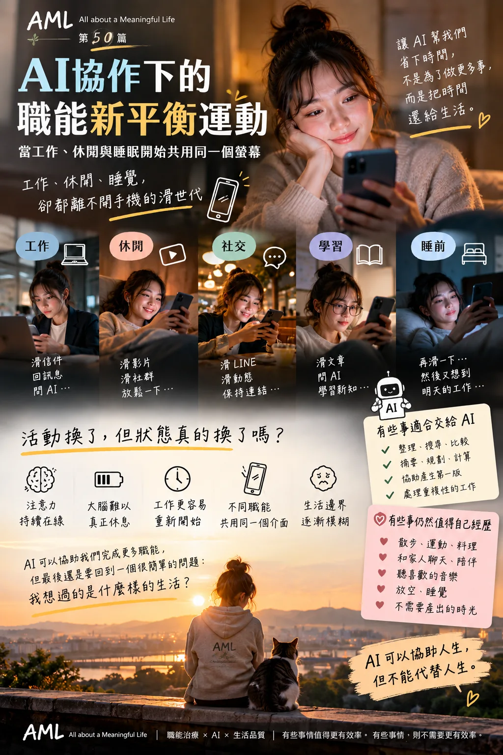 AML 第50篇文章海報：AI協作下的職能新平衡，呈現工作、休閒、社交、學習與睡前都透過手機進行的生活情境