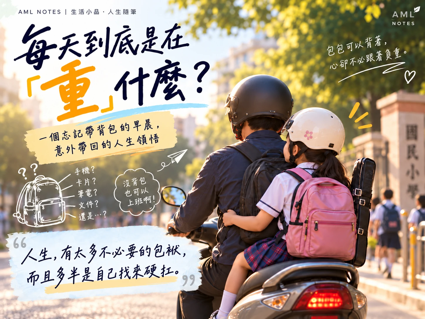 父親與女兒戴安全帽搭乘機車，思考背包與人生重量的 AML 小品海報