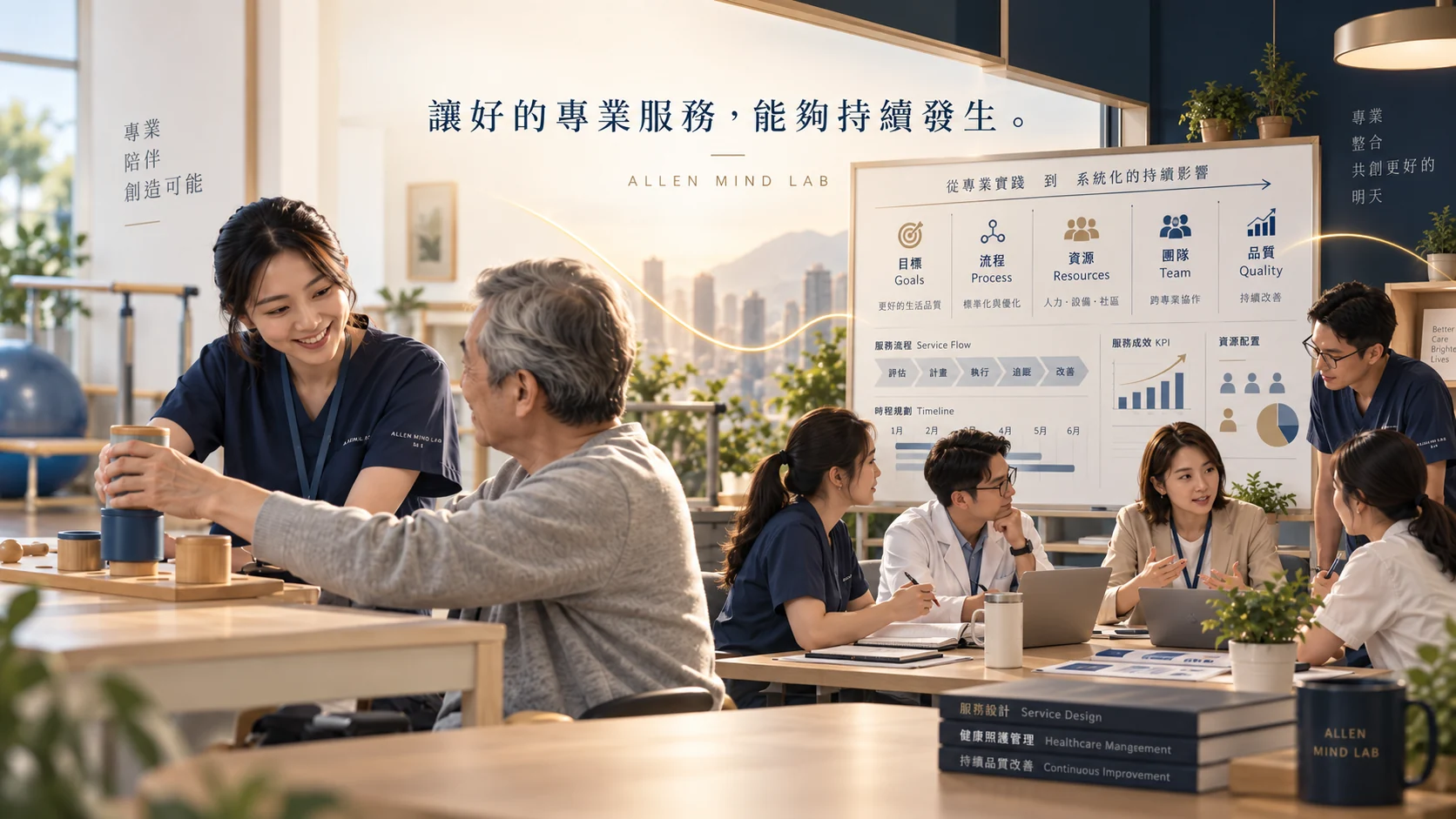 職能治療師陪伴服務對象進行職能活動，畫面延伸至跨專業團隊以目標、流程、資源、品質與服務成效進行管理規劃。