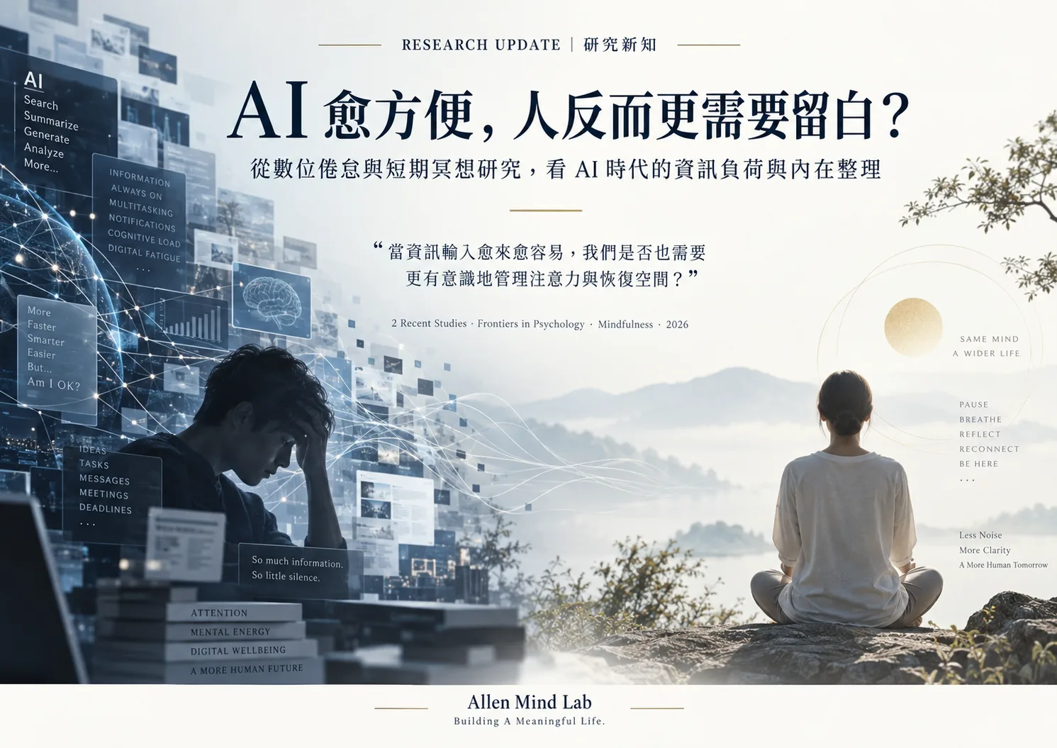 研究新知海報：左側呈現 AI 資訊負荷與數位倦怠意象，右側呈現留白、冥想與內在整理。